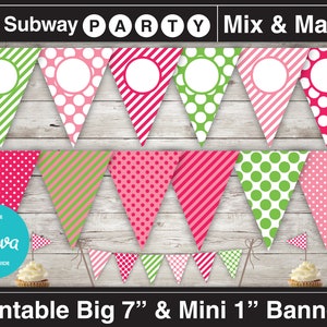 Op de afbeelding: Printbare partybannerset met een mix-and-match ontwerp. De banners zijn roze, groen en wit met stippen en strepen. De banners zijn 18 cm lang en 2,5 cm lang. De banners zijn bewerkbaar met Canva.