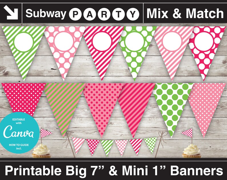 Op de afbeelding: Printbare partybannerset met een mix-and-match ontwerp. De banners zijn roze, groen en wit met stippen en strepen. De banners zijn 18 cm lang en 2,5 cm lang. De banners zijn bewerkbaar met Canva.