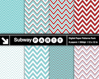 Aqua Blue, Dark Red, Silver Grey Chevron Digital Papers. Thick and Thin Chevron. Party / Invites DIY / Scrapbook 12x12 jpg INSTANT DOWNLOAD
