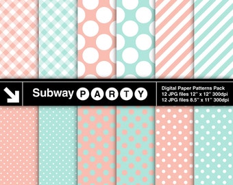 Mint Coral Gingham, Polka Dots and Stripes Digital Papers. Mint Peach Pink White Scrapbook / Invites DIY 8.5x11, 12x12 Jpg. INSTANT DOWNLOAD