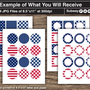 May include: Four printable sheets of 8.5 x 11 inch paper with different designs for a Subway Party. The designs include red, white and blue stripes, stars, polka dots and gingham.