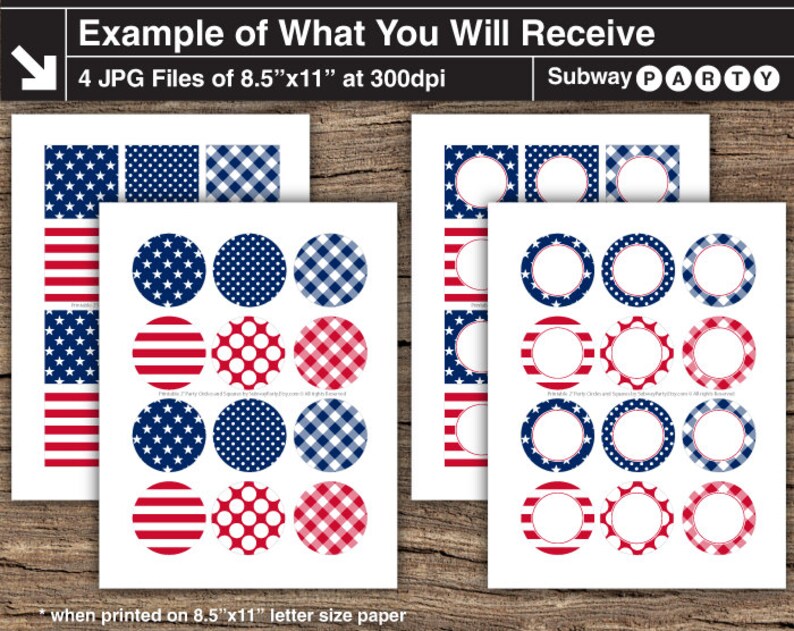 May include: Four printable sheets of 8.5 x 11 inch paper with different designs for a Subway Party. The designs include red, white and blue stripes, stars, polka dots and gingham.