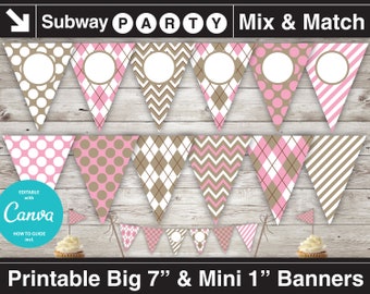 Printable Pink Sock Monkey Birthday Party Banner and Mini Cake Bunting. Pink Brown Taupe. DIY Blank Text Editable Banner INSTANT DOWNLOAD