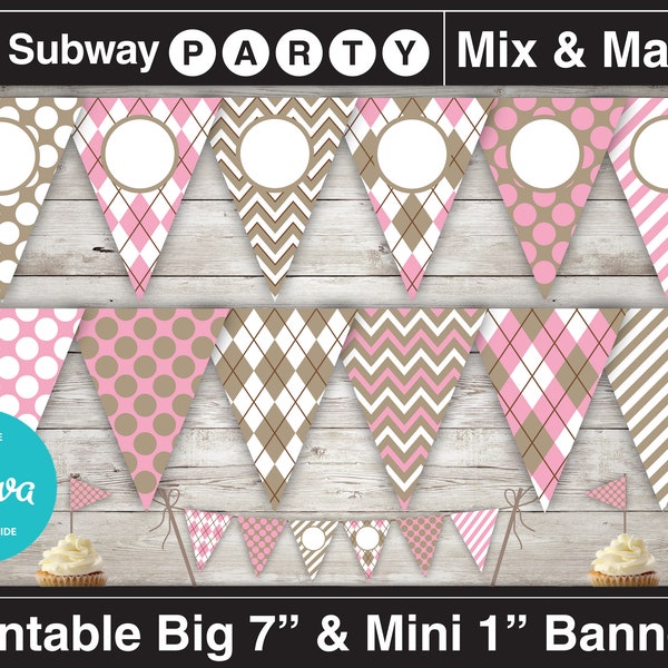 Printable Pink Sock Monkey Birthday Party Banner and Mini Cake Bunting. Pink Brown Taupe. DIY Blank Text Editable Banner INSTANT DOWNLOAD