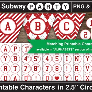 Op de afbeelding: Printbare rood-witte feestversiering met een metrothema. De versiering omvat een banner met de letters A, B en C, cirkels met de nummers 1, 2 en 3, en cirkels met letters en nummers. De tekst "Subway Party" staat bovenaan de afbeelding. De tekst "Printable Characters in 2.5" Circles" staat onderaan de afbeelding.
