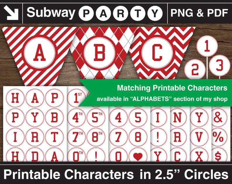 Op de afbeelding: Printbare rood-witte feestversiering met een metrothema. De versiering omvat een banner met de letters A, B en C, cirkels met de nummers 1, 2 en 3, en cirkels met letters en nummers. De tekst "Subway Party" staat bovenaan de afbeelding. De tekst "Printable Characters in 2.5" Circles" staat onderaan de afbeelding.