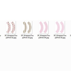 May include: A collection of six digital images of curved designs, each with a unique pattern and color scheme. The designs include patterns of pink, brown, and white, with text labels at the bottom of each image.