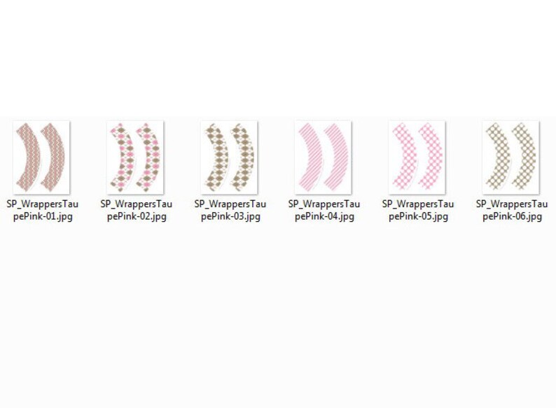 May include: A collection of six digital images of curved designs, each with a unique pattern and color scheme. The designs include patterns of pink, brown, and white, with text labels at the bottom of each image.