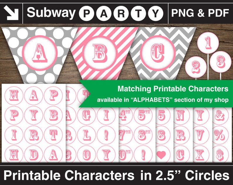 May include: Printable party decorations featuring pennant banners with letters A, B, and C, and circular numbers 1, 2, and 3. The designs include pink and gray patterns with pink lettering. Additional printable characters are also available.