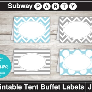 May include: Four printable tent buffet labels with different patterns. The labels are in shades of blue and gray with white oval placeholders for text. The labels are editable with Canva. The text on the image reads "Subway Party" and "Printable Tent Buffet Labels JPG".