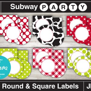 May include: A collection of 2-inch round and square labels with various patterns, including red polka dots, black and white cow print, red stars, green polka dots, and red gingham. The labels are designed for use with Canva and are labeled "Subway PARTY".