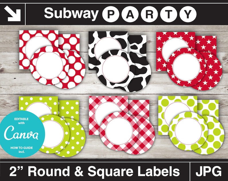 May include: A collection of 2-inch round and square labels with various patterns, including red polka dots, black and white cow print, red stars, green polka dots, and red gingham. The labels are designed for use with Canva and are labeled "Subway PARTY".