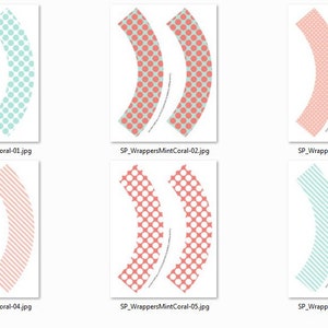 May include: Six printable cupcake wrapper designs in coral and mint green. The designs include polka dots, stripes, and a combination of polka dots and stripes.