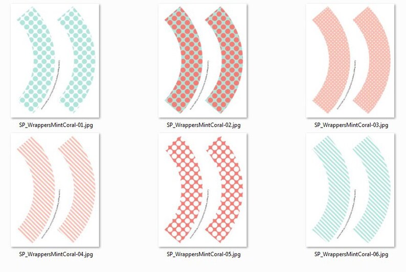 May include: Six printable cupcake wrapper designs in coral and mint green. The designs include polka dots, stripes, and a combination of polka dots and stripes.