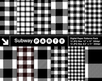 Lumberjack Flannel Black and White Buffalo Check Plaid and Gingham Scrapbook Digital Papers / Invites DIY 8.5x11, 12x12 jpg INSTANT DOWNLOAD