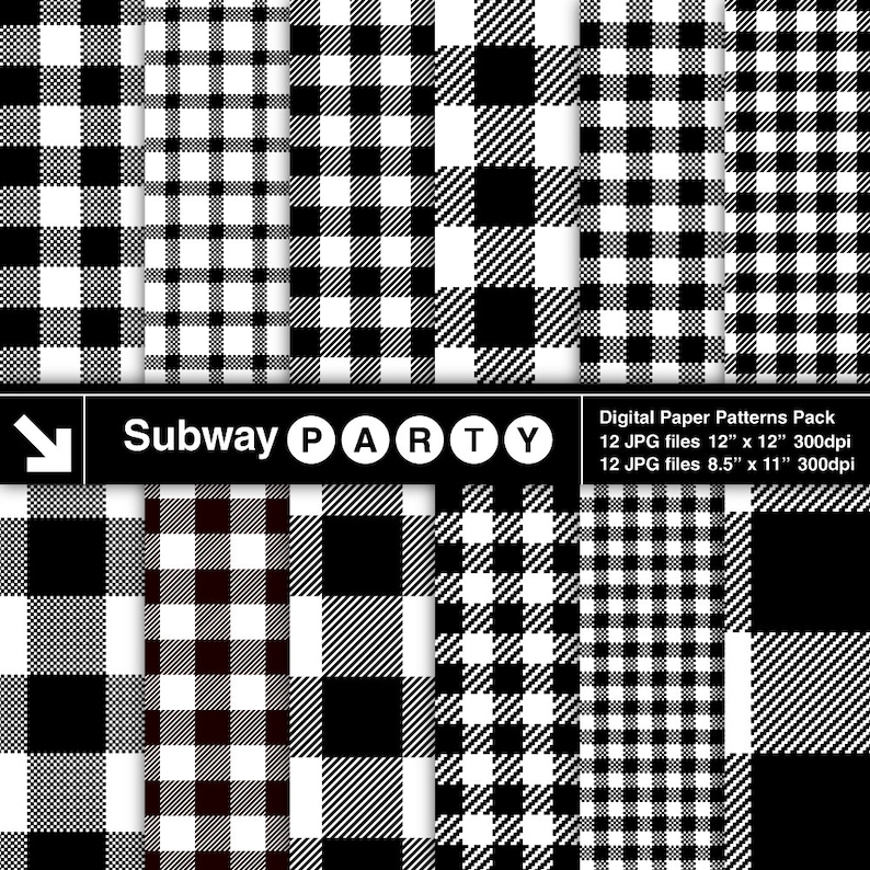 Lumberjack Flannel Black and White Buffalo Check Plaid and Gingham Scrapbook Digital Papers / Invites DIY 8.5x11, 12x12 jpg INSTANT DOWNLOAD image 1