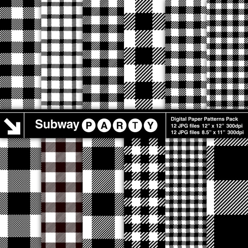 May include: A set of 12 digital paper patterns featuring black and white gingham designs. The patterns are perfect for crafting, scrapbooking, and other creative projects. The text "Subway PARTY" is included in the image.