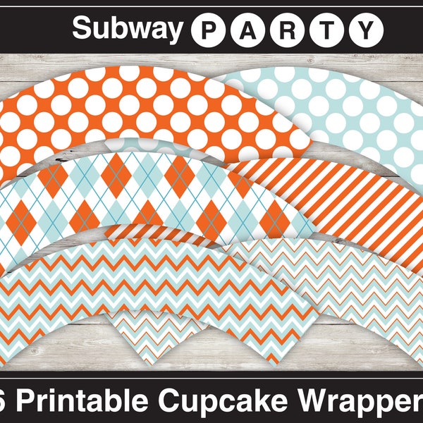 Soft Teal and Orange Cupcake Wrappers / Cupcake Liners. Aqua Coral Chevron, Argyle, Polka Dots, Stripes. Printable DIY. INSTANT DOWNLOAD.