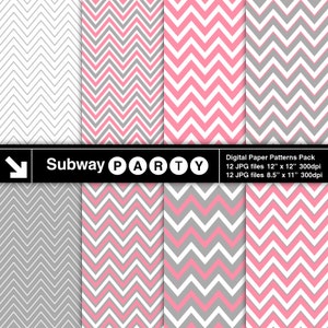 May include: A collection of digital paper patterns with a chevron design in pink, gray, and white. The patterns are arranged in a grid, with the text "Subway PARTY" and "Digital Paper Patterns Pack" at the bottom.