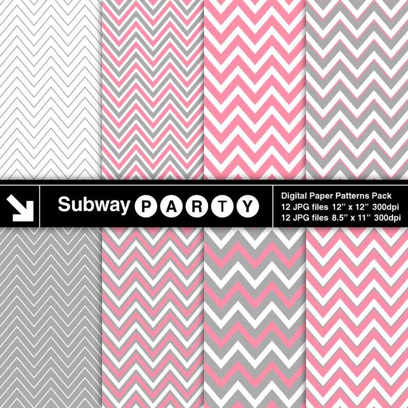 May include: A collection of digital paper patterns with a chevron design in pink, gray, and white. The patterns are arranged in a grid, with the text "Subway PARTY" and "Digital Paper Patterns Pack" at the bottom.