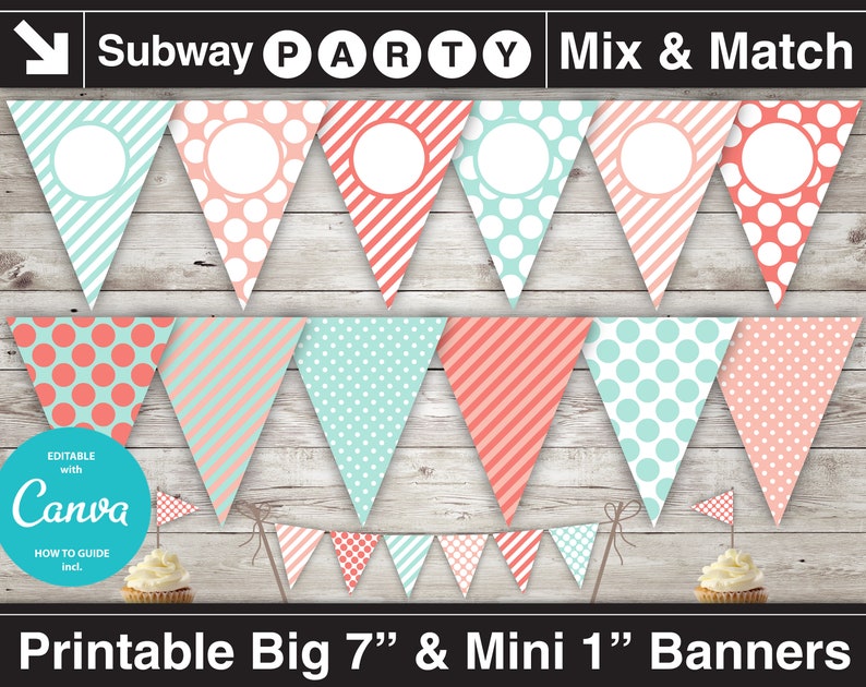 May include: Printable party banner set with a mix and match design. The banners are in a coral and mint green color scheme with polka dot and striped patterns. The banners are 7 inches wide and 1 inch wide. The banners are editable with Canva.