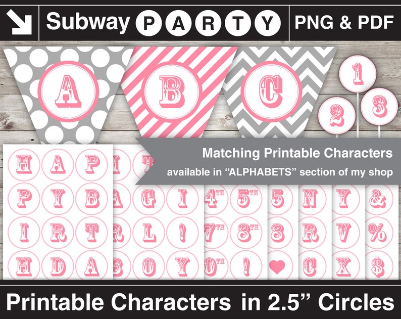 May include: Printable alphabet and number characters in pink and white on a white background. The characters are in 2.5 inch circles. The characters are available in a polka dot, striped, and chevron pattern. The text on the image reads "Subway Party PNG & PDF Matching Printable Characters available in "ALPHABETS" section of my shop Printable Characters in 2.5" Circles"