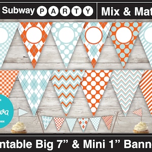 Pastel Aqua and Coral Orange Printable Banner and Mini Cake Bunting. Chevron, Argyle, Dots. DIY Editable Banner Blank Text. INSTANT DOWNLOAD image 1