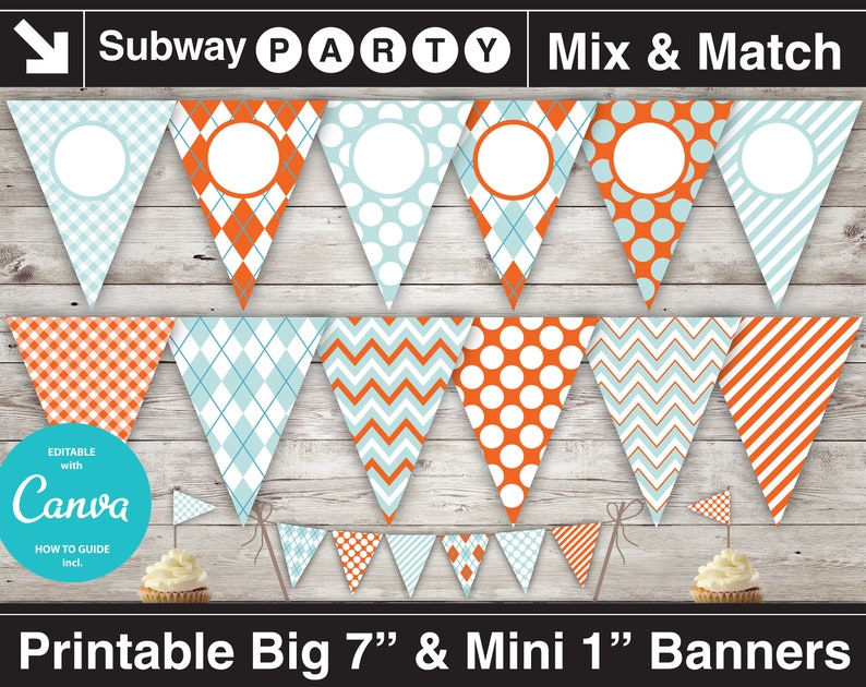 Pastel Aqua and Coral Orange Printable Banner and Mini Cake Bunting. Chevron, Argyle, Dots. DIY Editable Banner Blank Text. INSTANT DOWNLOAD image 1