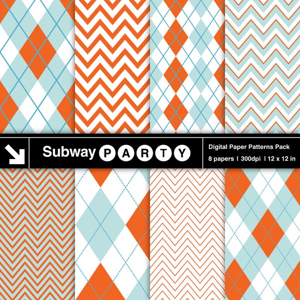 Soft Teal and Orange Chevron and Argyle Digital Papers Pack. Aqua Coral Background. Scrapbook / Invites DIY 12x12 jpg. INSTANT DOWNLOAD.