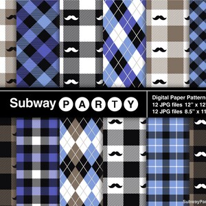 Hipster Mustaches Digitale Papiere. Movember / Moustache Bash Blau Tartan kariert & Argyle. 12x12 / 8.5x11 JPGs SOFORTIGER DOWNLOAD