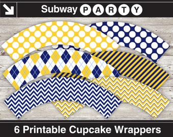 Printable Navy Blue and Yellow Cupcake Wrappers in Argyle, Chevron, Jumbo Polka Dot and Stripes. Party Printable 8.5"x11" JPG DOWNLOAD