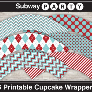May include: Six printable cupcake wrappers with different patterns in red, white, and blue. The patterns include chevron, polka dots, argyle, and stripes.