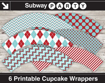 Printable Aqua Blue and Red Cupcake Wrappers in Chevron, Argyle, Polka Dot and Candy Stripes Patterns. DIY 8x11  jpg. INSTANT DOWNLOAD