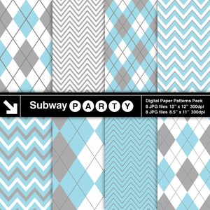 Puede incluir: Un paquete de papeles digitales con ocho patrones en azul, gris y blanco. Los patrones incluyen formas de rombos, chevron y argyle. El texto "Subway PARTY" est&aacute; en la parte superior de la imagen. El texto "Digital Paper Patterns Pack" est&aacute; en la parte inferior de la imagen. El texto "8 JPG files 12" x 12" 300dpi" est&aacute; debajo del texto "Digital Paper Patterns Pack". El texto "8 JPG files 8.5" x 11" 300dpi" est&aacute; debajo del texto "8 JPG files 12" x 12" 300dpi".
