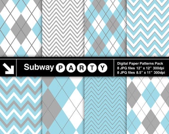 Baby Blue, Grey and White Chevron and Argyle Digital Papers Pack. Scrapbook / Invite DIY 8.5x11 / 12x12 jpg INSTANT DOWNLOAD