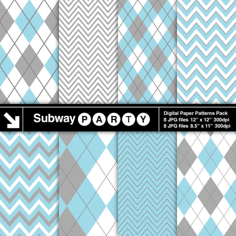Puede incluir: Un paquete de papeles digitales con ocho patrones en azul, gris y blanco. Los patrones incluyen formas de rombos, chevron y argyle. El texto "Subway PARTY" est&aacute; en la parte superior de la imagen. El texto "Digital Paper Patterns Pack" est&aacute; en la parte inferior de la imagen. El texto "8 JPG files 12" x 12" 300dpi" est&aacute; debajo del texto "Digital Paper Patterns Pack". El texto "8 JPG files 8.5" x 11" 300dpi" est&aacute; debajo del texto "8 JPG files 12" x 12" 300dpi".