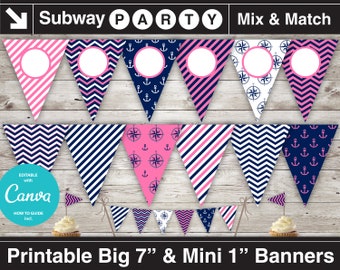 Pink Navy Blue Nautical Party Printable Banner and Mini Cake Bunting. DIY Editable Banner Blank Text. INSTANT DOWNLOAD.