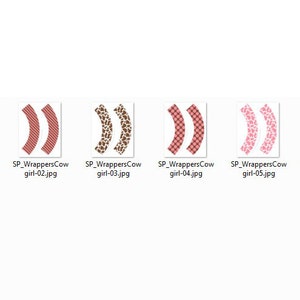 Puede incluir: Seis im&aacute;genes que muestran envoltorios para cupcakes con varios dise&ntilde;os. Los dise&ntilde;os incluyen lunares rosas, rayas rojas, estampado de vaca marr&oacute;n, cuadros rojos y blancos, motivos florales rosas y cuadros rosas y blancos.