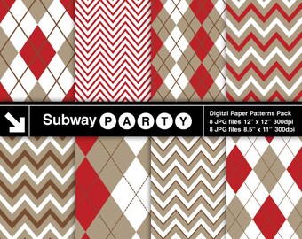Digitala papper för fest med strumpapa, taupebrun, röd, chevron och argyle-mönster, scrapbooking / utskrivbara festpapper / CANVA-bakgrund 8,5x11 och 12x12 JPG
