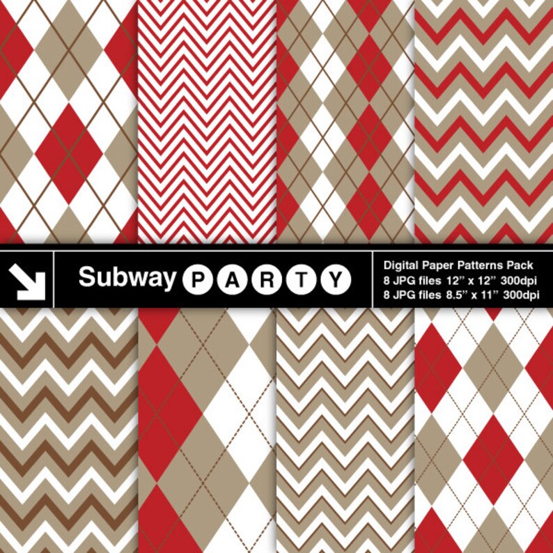 Digitala papper för fest med strumpapa, taupebrun, röd, chevron och argyle-mönster, scrapbooking / utskrivbara festpapper / CANVA-bakgrund 8,5x11 och 12x12 JPG bild 1