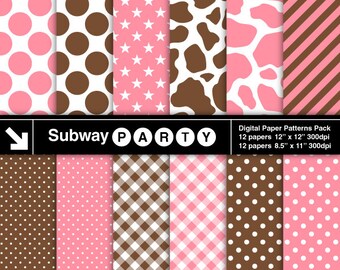 Cowgirl Party Digital Papers Pack in Pink Brown Cow Hide Print Gingham Polka Dots Stripes.  Scrapbook / CANVA Background 12x12 JPG