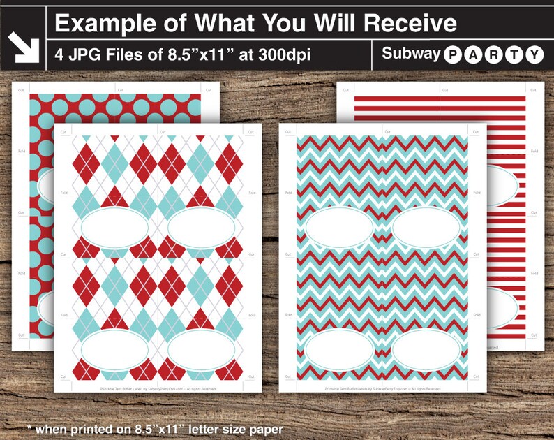 Aqua Blue Red Party Food Labels in Argyle, Chevron, Polka Dots, Stripes. Printable Table Tents / Editable Buffet Cards. Jpg INSTANT DOWNLOAD image 2