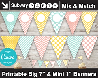 Printable Yellow Mint Coral Party Banner & Mini Cake Bunting. Polka Dots, Chevron, Stripes. DIY Blank Text Editable Banner INSTANT DOWNLOAD.