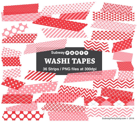 Pink and Red Washi Tape Strips, Digital Clip Art, Photo Frame Borders,  Scrapbook Embellishment, 36 PNGs transparent CANVA Elements