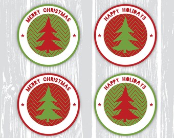 Printable Christmas Gift Tags, Stickers in Rustic Red Green Chevron with Christmas Tree. 2" Round Labels Cupcake Toppers. INSTANT DOWNLOAD