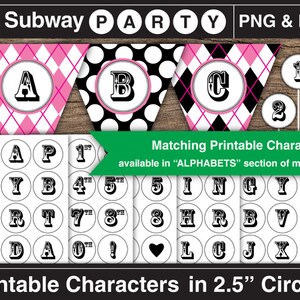 May include: Printable party decorations featuring black and white polka dot and pink and black diamond patterned pennants with the letters A, B, and C.  The image also includes a set of 2.5 inch diameter circles with letters, numbers, and symbols in black and white.
