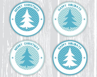 Printable Christmas Gift Tags, Stickers in Rustic Aqua Blue Chevron with Christmas Tree. 2" Round Labels Cupcake Toppers. INSTANT DOWNLOAD