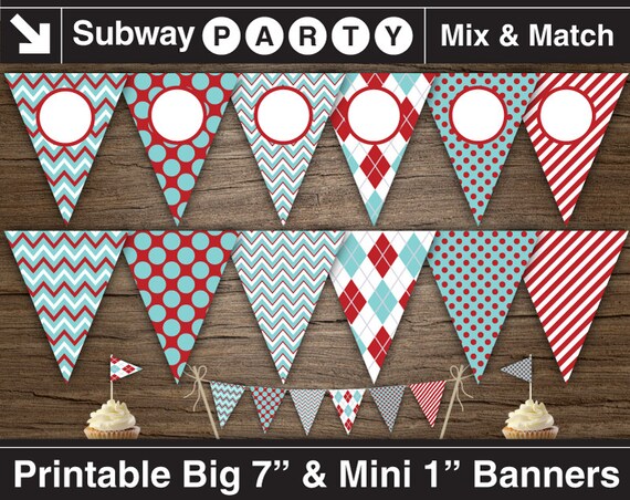 Aqua Blue, Red Printable Birthday Party Banner & Mini Cake Bunting. Argyle, Chevron, Polka Dots. DIY Editable Blank Banner. INSTANT DOWNLOAD Il_570xn