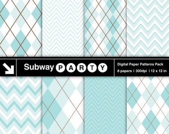 Light Aqua Blue, Teal Blue, Brown & White Chevron and Argyle Digital Papers. Scrapbook / Invites DIY 12"x12" jpg. INSTANT DOWNLOAD