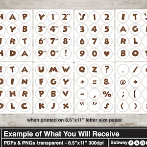 Puede incluir: Pegatinas imprimibles de letras y n&uacute;meros marrones para una fiesta de metro. Las pegatinas tienen un di&aacute;metro de 2,5 cm y est&aacute;n dise&ntilde;adas para parecer azulejos de metro. Las pegatinas incluyen letras, n&uacute;meros, signos de puntuaci&oacute;n y s&iacute;mbolos. El texto de la imagen dice "when printed on 8.5"x11" letter size paper" y "Example of What You Will Receive".